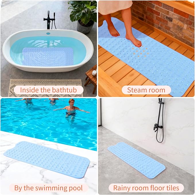 Anti-Slip Bathtub Shower mat, 39.3×15.7 inch(Approximately 100 × 40cm) Soft Oversized Machine Washable Non-Slip Bathtub mat with Drainage Holes, Bathroom Floor Suction Cup.(1-Opaque Light Blue)