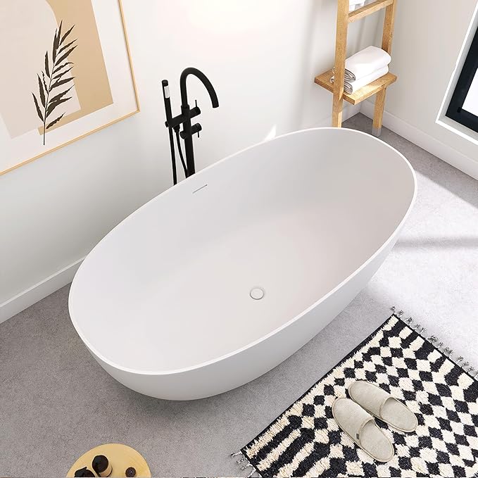 SJ STAR&JANE 59" Freestanding Solid Surface Bathtub, Oval Stone Resin Soaking Tub Stand Alone Tub with Pop-up Drain & Overflow Matte White