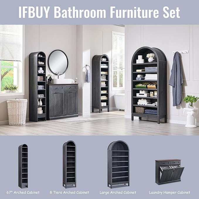 67" Tall Arched Bathroom Storage Cabinet, 8-Tier Modern Farmhouse Storage Cabinet with Adjustable Shelves, Wood Freestanding Cabinet for Bathroom, Living Room, Entryway, Hallway (Dark Grey)