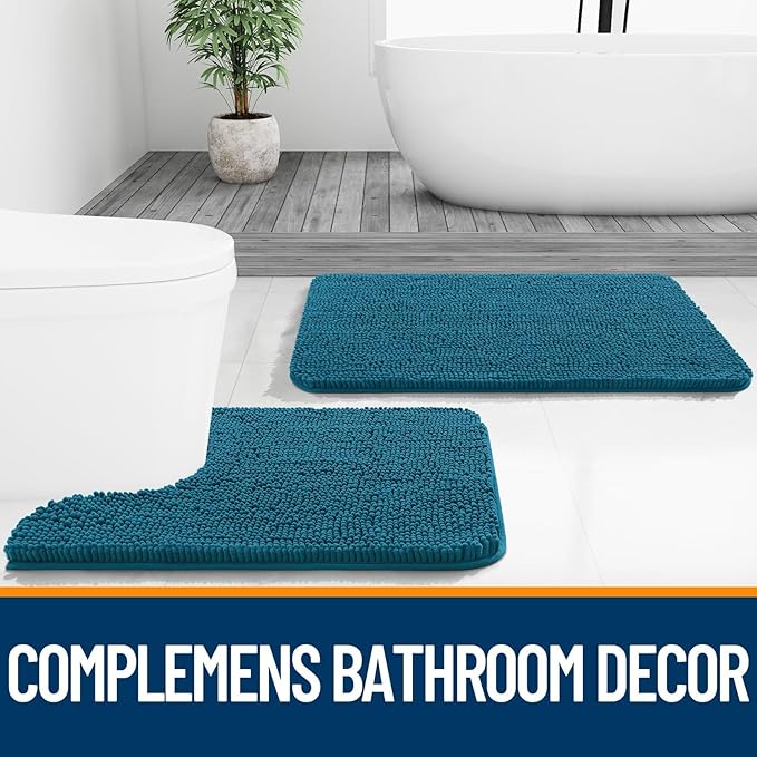 OLANLY Bathroom Rugs Sets 2 Piece, Soft Absorbent Chenille Bath Mats and U-Shaped Contour Toilet Mat Area Rug Set, Machine Washable Bath Carpet, Home Decor Accessories(24"x16"+24"x20", Peacock Blue)