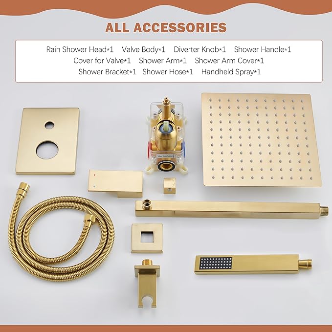Shower System, Gold Shower Faucet Set with 12-Inch Rain Showerhead and Handheld Spray, Wall Mounted High-Pressure Showerhead Combo Set Included Valve and Trim, Brushed Gold