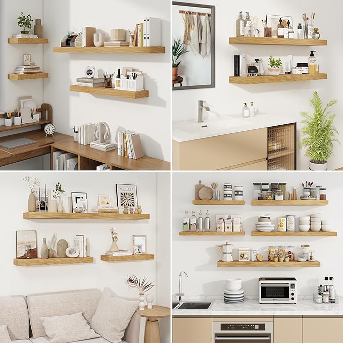 fuqing Floating Shelves for Wall, Wall Mounted Wood Floating Shelf with Invisible Brackets for Living Room, Bathroom, Bedroom, Kitchen Storage and Decor, 16 Inch Set of 2, Oak