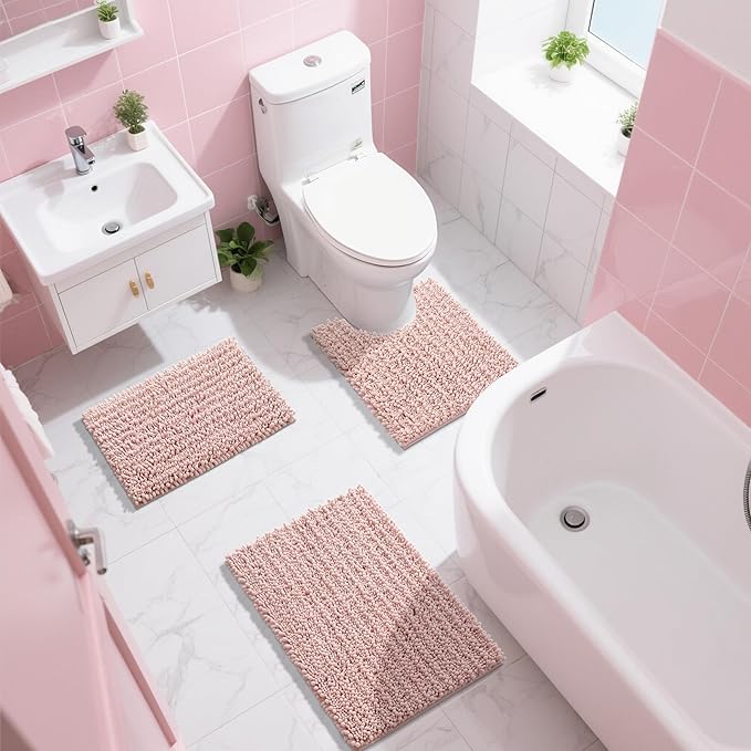 Yimobra Bathroom Rugs Non Slip Washable - Ultra Soft Absorbent Chenille Bath Mat, Quick Dry Shaggy Floor Carpet for Tub Shower, Light Pink Home Decor Accessories, 24x17 Inch