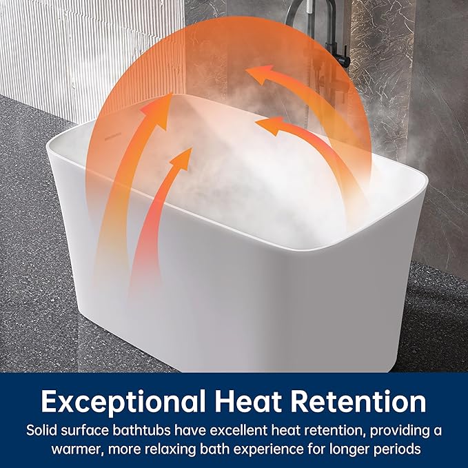 47" Stone Resin Freestanding Bathtub, Freestanding Bathtub with seat,Oval Solid Surface Japanese Soaking Bathtubs with Drain & Integrated Slotted Overflow Matte White MG003-1200