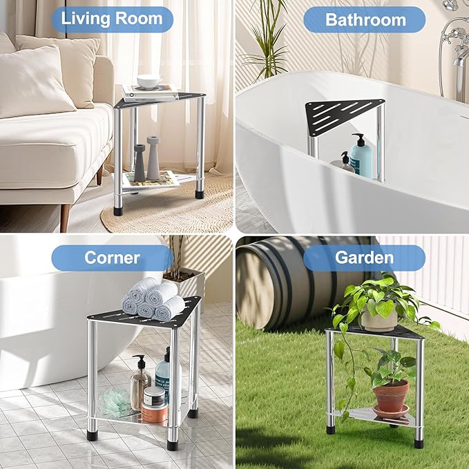 Stainless Steel Shower Stool for Inside Shower, 15.4'' H Shower Foot Rest, Corner Shower Stool with Storage Shelf, Shower Step for Shaving Legs, Bathroom Corner Shower Bench, Silver
