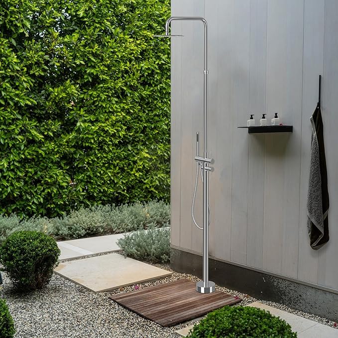 RBROHANT Freestanding Outdoor Shower Chrome, Height Adjustable Outside Showers for Backyard Garden Pool Beach, Outdoor Shower Fixtures with 10” Rain Shower Head and Handheld, Polished Chrome, JK0451
