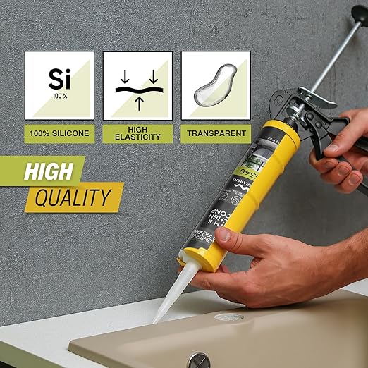 Adhesive Guru AG340 Clear Silicone Sealant for Bath and Kitchen(24x10.14 fl oz), 100% Silicone Caulk, Weatherproof & Flexible Adhesive Sealant, 24 Pack