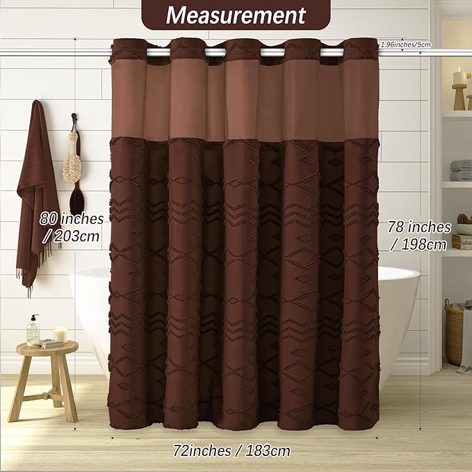 No Hooks Required Boho Farmhouse Shower Curtain Tufted Chevron Striped with Snap in Liner - 72W x 80H, Water Resistant Hotel Grade Spa Like Bathroom Curtain Set, Brown