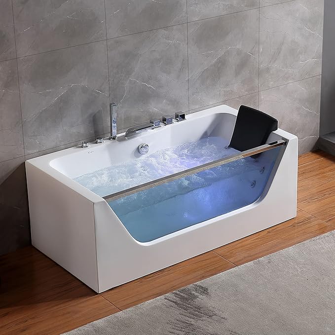 Empava 67" x 30" Whirlpool Tub,750W Acrylic Jetted Bathtub with 11 Jets,Hydromassage with Chromatherapy,3-Side Apron,67 Gallons,ETL Certified