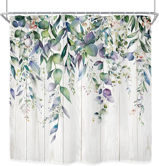 Riyidecor Teal Shower Curtain for Bathroom Decor 72Wx72H Eucalyptus Leaves Plants Watercolor Floral Wooden Board Rustic Botanical Farm Art Printed Fabric Polyester Waterproof 12 Pack Plastic Hooks