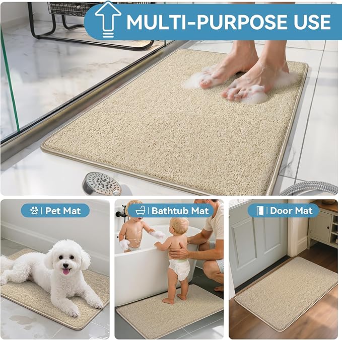 Non Slip Shower Mat Bathtub Mat 20x32 Inch, Quick Dry Bath Mat with Drain, Soft PVC Imitation Loofah Foot Scrubber Bath Mats for Bathroom Tub Shower Floor, Hangable & Hook Included, Beige