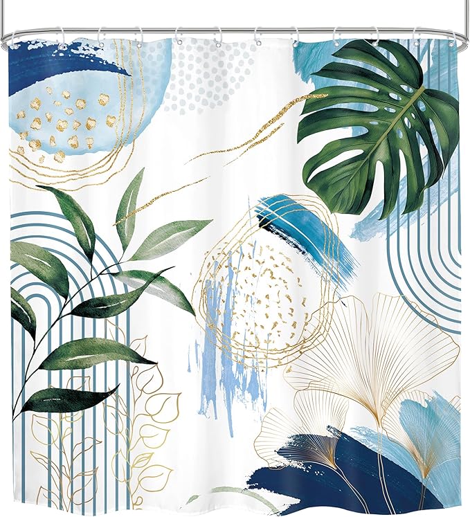 Blue Boho Shower Curtain 72Wx72H Modern Mid Century Abstract Blue Gold Tropical Leaves Palm Minimalist Plant Bathroom Decor Geometric Arch Bath Curtain Fabric Polyester 12 Pack Hooks