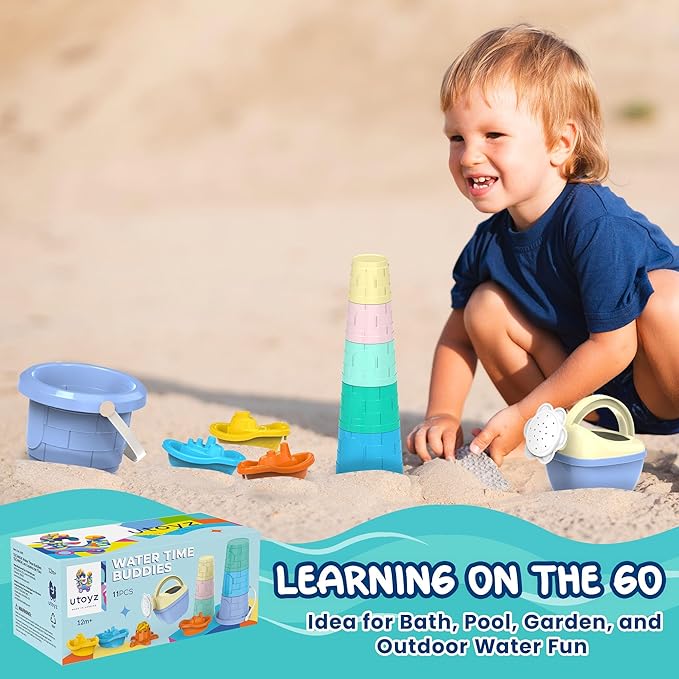 Water Time Buddies – 11pcs Toddler Water Toy Set with Watering Can, Boats, Toy Animals, Stacking Cups & Buckets, Toddler Bath Toys for 1+, Kids Pool Toys & Indoor Accessories for Water Play