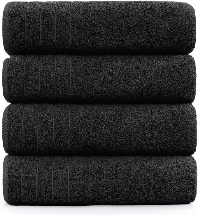 DAN River Extra Large Bath Towels Set of 4, 30 x 60 Inches - 100% Cotton Larger & Lighter Weight Towels for Bathroom - Quicker to Dry, Super Soft & Highly Absorbent Towels for Home, Black