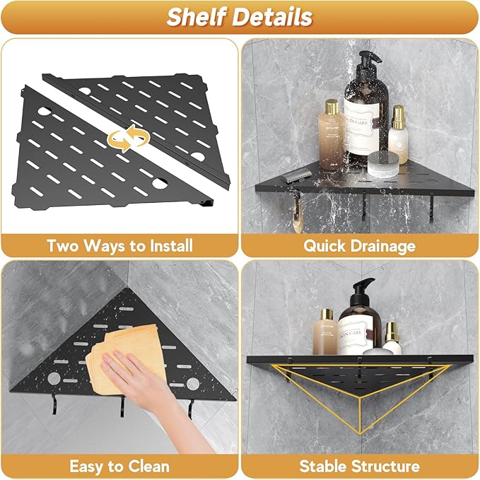 Corner Shower Shelf 10" Matte Black 304 Stainless Steel Recessed Shelf for Bathroom,Shower Corner Rack with Razor Hole Hook,Grout in Shelf for Tiled Wall, 2 Pack