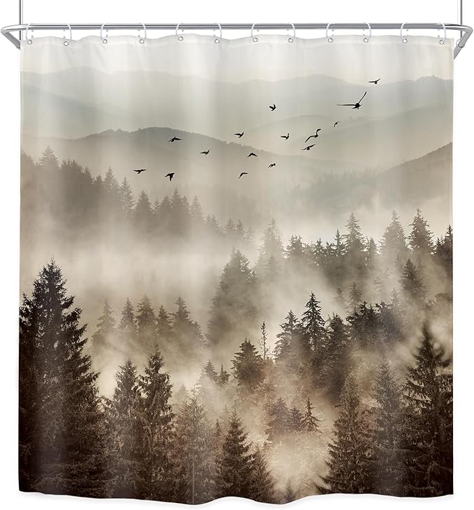 Riyidecor Foggy Mountain Shower Curtain 72Wx72H Inch Nature Abstract Scenery Pine Tree Rustic Misty Woodland Alpine Modern Landscape Natural Bathroom Decor Fabric Polyester Waterproof 12 Pack Hooks