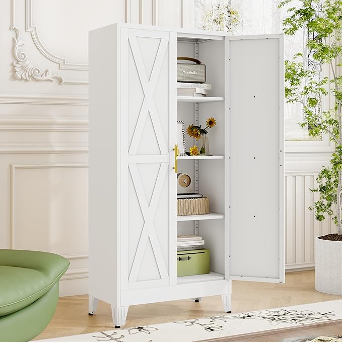 61" H Metal Kitchen Pantry Storage Cabinet, Freestanding Cupboard with 2 Doors and 3 Adjustable Shelves, Standing Storage for Kitchen, Bathroom, Garage, Dinning Room or Utility Room(White)