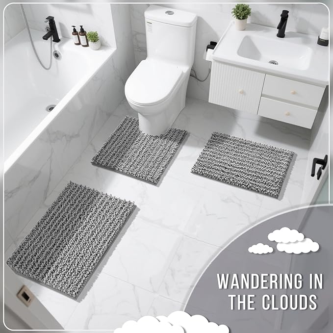 Yimobra Bathroom Rugs Non Slip Washable - Ultra Soft Absorbent Chenille Bath Mat, Quick Dry Shaggy Floor Carpet for Tub Shower, Gray Home Decor Accessories, 24x17 Inch