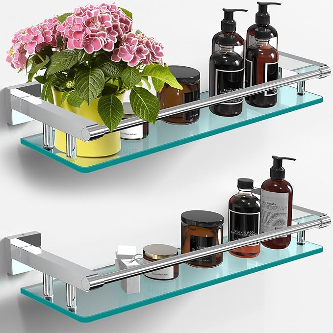 Glass Shelves for Bathroom, 20IN Rectangular Chrome Stainless Steel Tempered Glass Shelf Wall Mount Shelf Sink Over Toilet Modern Bathroom (Chrome Polished, 20‘’)