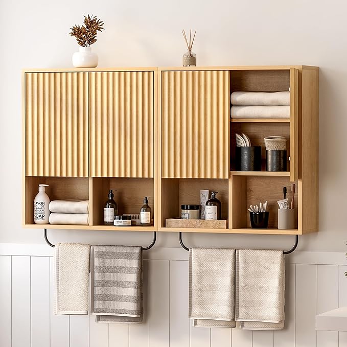 Fluted Wall Cabinet, Modern Wood Floating Bathroom Cabinet with Hanging Rod and Adjustable Shelf, Wall Mount Medicine Cabinet Natural Oak