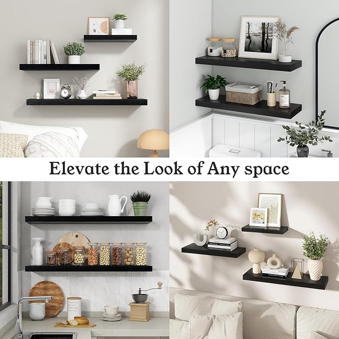 Floating Shelves for Wall, 9.3" Deep Wall Mounted Wood Shelves for Bathroom, Bedroom, Living Room, Kitchen, Hanging Shelf for Books/Storage/Room Decor (Black, 48")