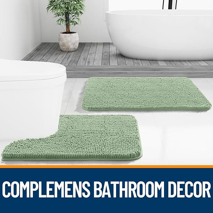 OLANLY Bathroom Rugs Sets 2 Piece, Soft Absorbent Chenille Bath Mats and U-Shaped Contour Toilet Mat Area Rug Set, Machine Washable Bath Carpet, Home Decor Accessories(30"x20"+24"x20", Sage Green)