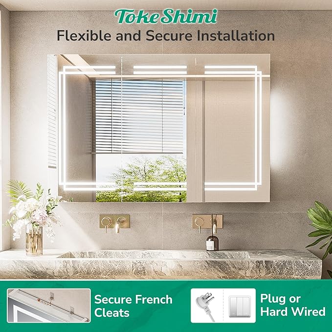 TokeShimi 24 x 32 Bathroom Mirror Medicine Cabinet with Light 3 Colors, Anti-Fog Tempered LED Mirror with Storage, Stepless Dimming CRI 80+, Memory Funtion, Wall Mirrored Cabinet for Bathroom Décor