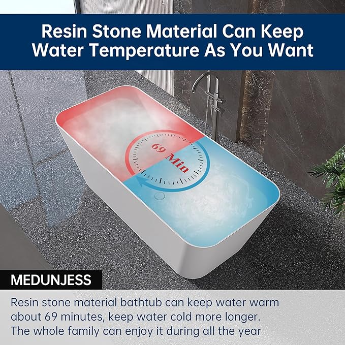 Stone Resin Freestanding Bathtub 67 ", Elegant Oval Shape Soaking Tub, Solid Surface Stand Alone Bathtub with Drain & Integrated Slotted Overflow Matte White AMFS340-1700