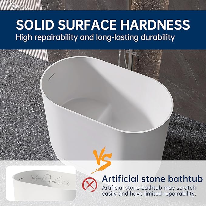 39" Stone Resin Janpanese Soaking Tub, Freestanding Deep Soaking Bathtub with Seat Desgin,Toe-tap Chrome Right Drain, Slotted Overflow, cUPC Certified, in Matte White