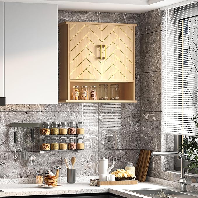 Natural Chevron Pattern Bathroom Wall Mount Cabinet, Gold Accent Hanging Medicine Cabinet with Open Shelf, Over The Toilet Storage Organizer for Home (23 5/8" x 22 7/8" x 15 3/4")