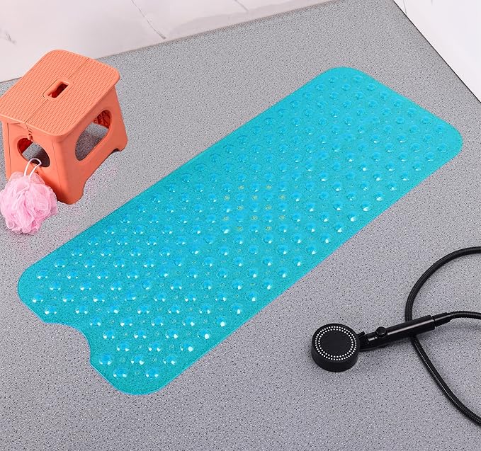 Anti-Slip Bathtub Shower mat, 39.3×15.7 inch(Approximately 100 × 40cm) Soft Oversized Machine Washable Non-Slip Bathtub mat with Drainage Holes, Bathroom Floor Suction Cup.(1-Clear Green)