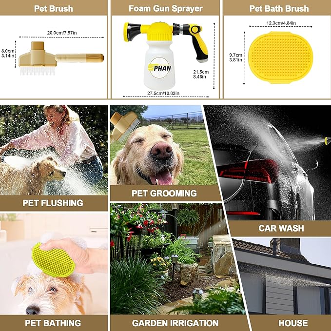 Giant Pet Washing Hose Attachment, 6-in-1 Soap Sprayer Moden Garden Hose Nozzle with 1000cc Soap Dispenser, Dog Bath Brush & Pet Comb, for Watering, Car Wash, Dog and Horse Showering (Yellow)