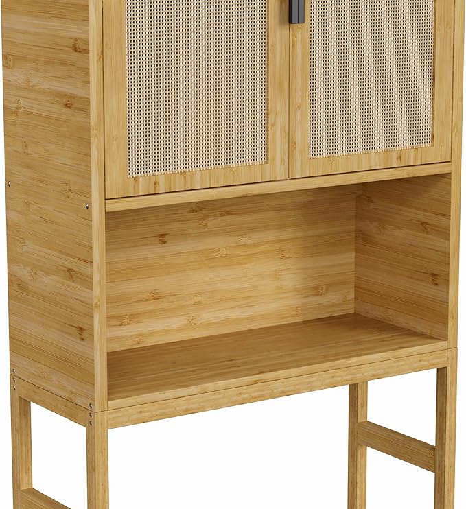 BlueWish Bathroom Organizers and Storage, Bamboo Over The Toilet Storage Cabinet with Inverted U-Shaped Door & Anti-Tip Device, Space Saver, Natural