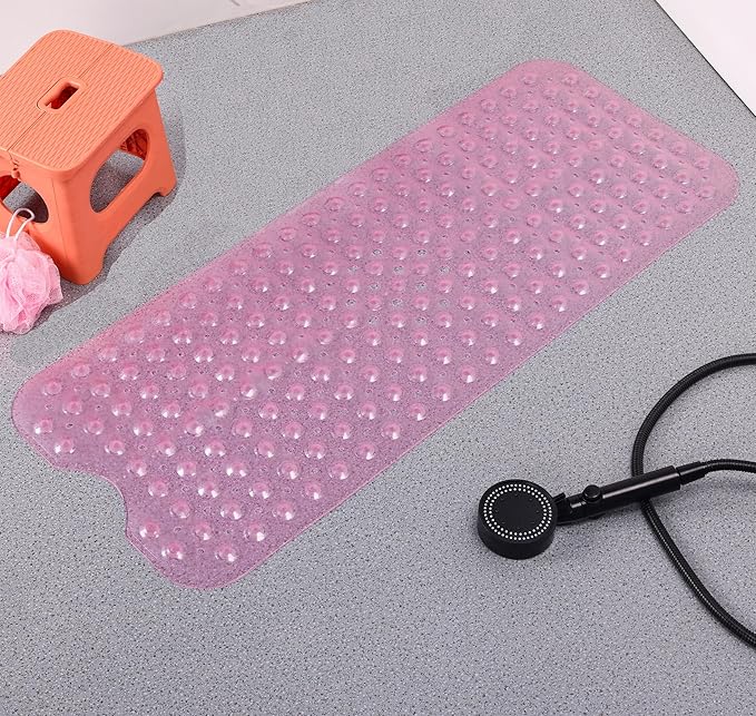 Anti-Slip Bathtub Shower mat, 39.3×15.7 inch(Approximately 100 × 40cm) Soft Oversized Machine Washable Non-Slip Bathtub mat with Drainage Holes, Bathroom Floor Suction Cup.(1-Clear Pink)