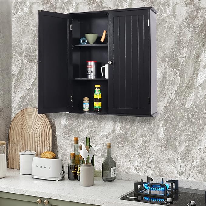 Blcak Bathroom Cabinet Wall Mounted, Bathroom Wall Cabinet Over Toilet, Hanging Cabinet for Bathroom, Bathroom Medicine Cabinet with 2 Doors and Adjustable Shelves, Wood