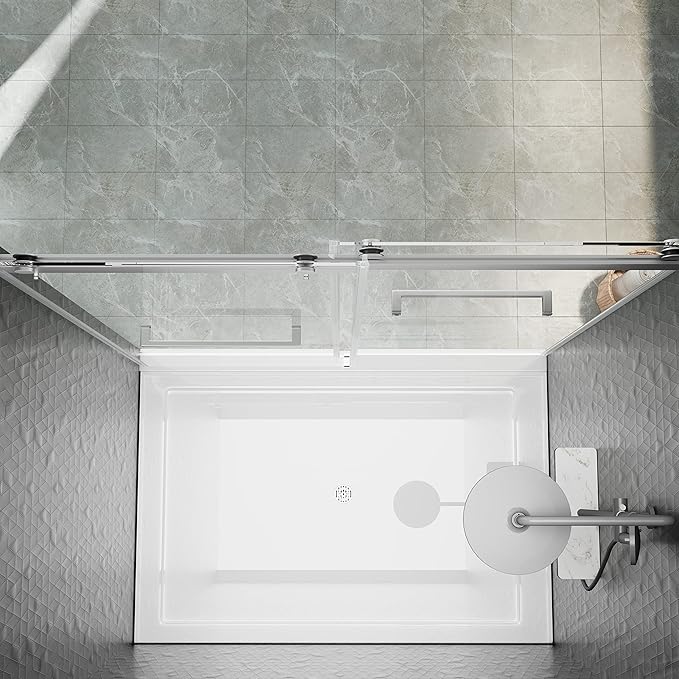 DELAVIN 56"-60" W x 75" H Frameless Shower Door, Double Sliding Shower Door, 5/16"(8mm) Clear Tempered Glass, Noiseless Shatterproof Glass Shower Doors with Square Rail, Stainless Steel, Aluminum
