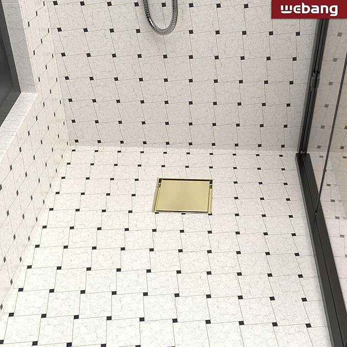 WEBANG 6 Inch Square Shower Drain Gold Floor Drain with Flange Reversible 2-in-1 Cover Tile Insert Grate Removable SUS304 Stainless Steel CUPC Certified Brushed Gold