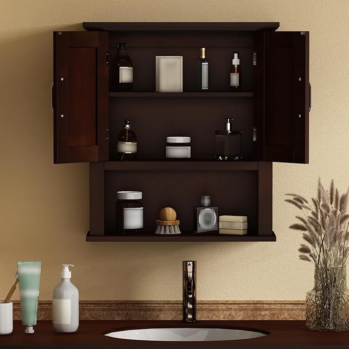 ChooChoo Wood Wall Cabinet with Doors, Medicine Cabinet with Adjustable Shelves Over The Toilet, Rustic Cabinet Wall Mounted for Bathroom, Kitchen, Living Room, Dark Cherry