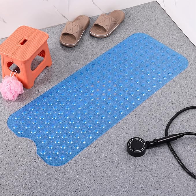 Anti-Slip Bathtub Shower mat, 39.3×15.7 inch(Approximately 100 × 40cm) Soft Oversized Machine Washable Non-Slip Bathtub mat with Drainage Holes, Bathroom Floor Suction Cup.(1-Clear Blue)