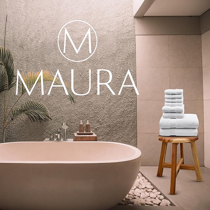 MAURA White Bath Towel Set of 8 for Bathroom. Turkish Cotton Luxury Bath Towels. Extra Large, Thick, Plush & Soft. Hotel & Spa Quality - White