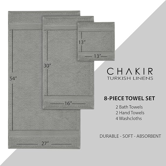 Chakir Turkish Linens Premium Cotton Absorbent Turkish Towels (8-Piece Towel Set, Gray)