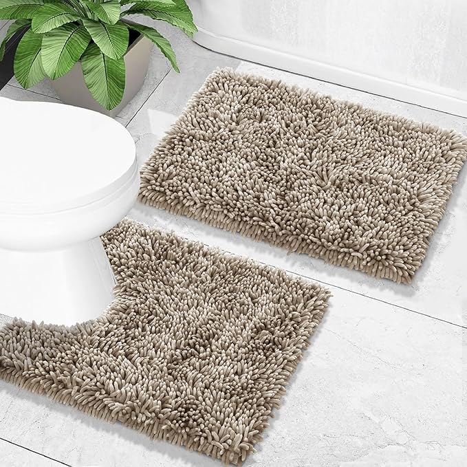 Yimobra Toilet Rugs U Shaped Washable, Extra Thick Soft Absorbent Chenille Contour Bathroom Rugs for Toilet 24x20 Inch, Quick Dry Non Slip Toilet Mat for Bath Floor, Camel