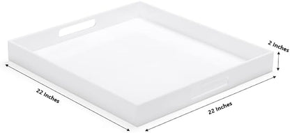 White Modern Acrylic Ottoman Tray with Cutout Handles 22x22 Inch Over-Sized Serving Tray Rubber Boot Tray Organizer Decorative Tray for Living Room, Bedroom,Bathroom and Kitchen Tabletop
