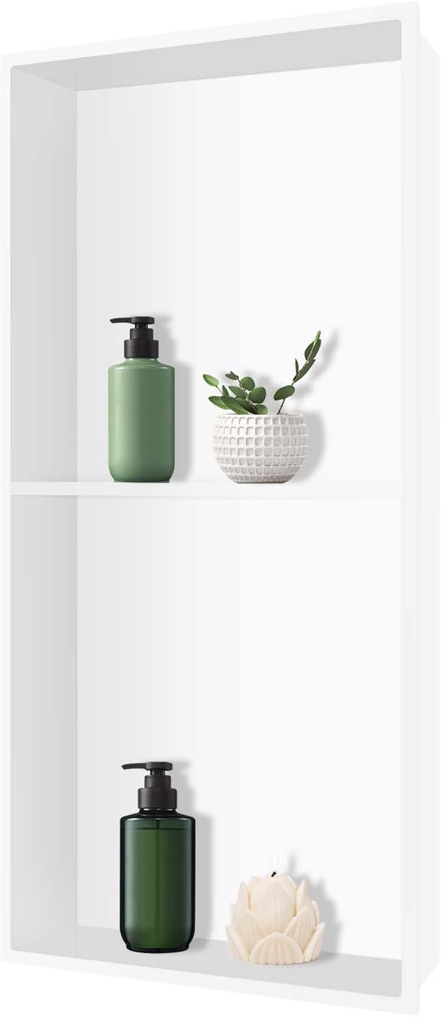 24" X 12" Stainless Steel Shower Niche Insert Tile Ready, Niche for Shower Wall, 2-Tier Recessed Shelves No Tile Needed for Bathroom Storage, White