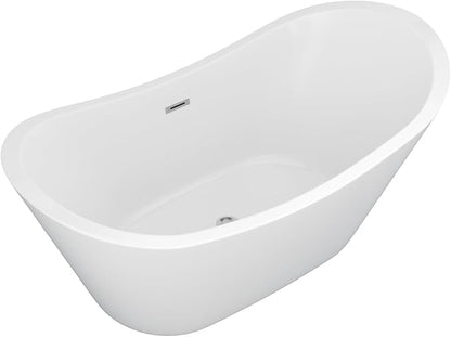 59" Freestanding Acrylic Bathtub – White Double Slipper Soaking Tub with Chrome Drain & Overflow, Glossy Finish for Modern Bathrooms #YSB9210
