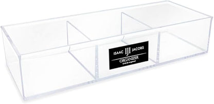Isaac Jacobs Large 3-Compartment Acrylic Stackable Organizer (12.9" L x 5" W x 2.7" H), Multi-Sectional Tray & Storage Solution for Makeup, Craft Supplies, Bathroom, Kitchen, Office (Clear)