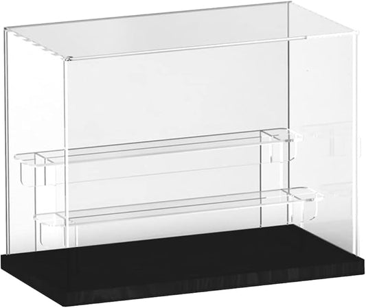 Choowin 3 Tier Clear Acrylic Display Case for Collectibles, Mini Figures, Pop Mart, Labubu, Sonny Angel, Smiski - Assemble Dustproof Acrylic Display Box with Door, Stand (Black Base, Clear Step)