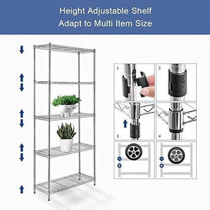 5 Tier Wire Shelving Unit with NSF Certified, Adjustable Wire Shelves with 750 LBS Capacity, Metal Storage Rack for Laundry, Kitchen, Bathroom, Pantry, Closet (13.78" D x 23.62" W x 59.06" H, Chrome)