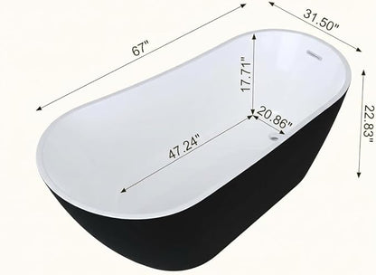 67" Freestanding Acrylic Bathtub, Deep Soaking Tub with Non-Slip Base & Chrome Drain, cUPC Certified, Black Upturned