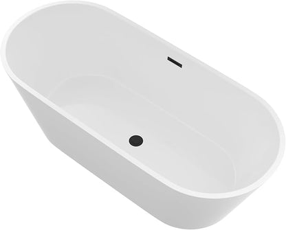Logmey 67 Inch White Acrylic Freestanding Bathtub Oval Shape Soaking Tub with Black Drain & Overflow Assembly for Classic and Modern Bathrooms
